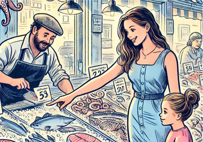 Dibujo de un hombre, una mujer y una niña en el mercado